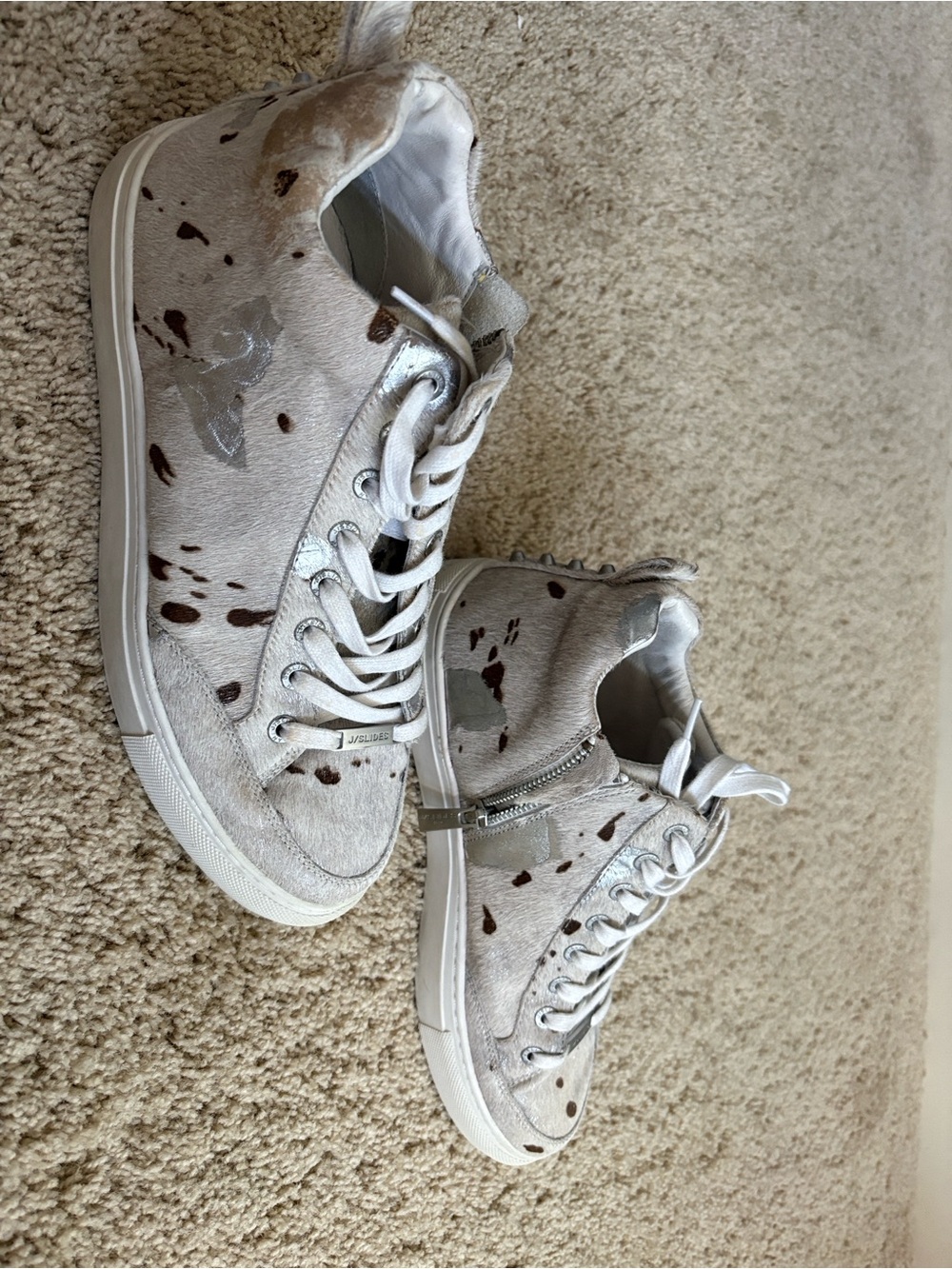J Slides White Low-Top Sneakers with Brown Spot Detail